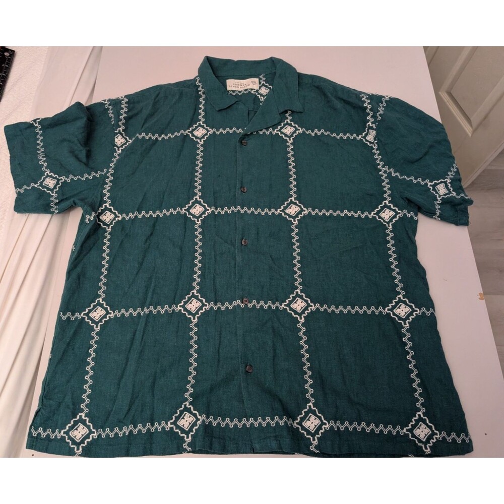 Abercrombie & Fitch Men XXL Embroidered Linen Blend Resort Camp Shirt Teal Green